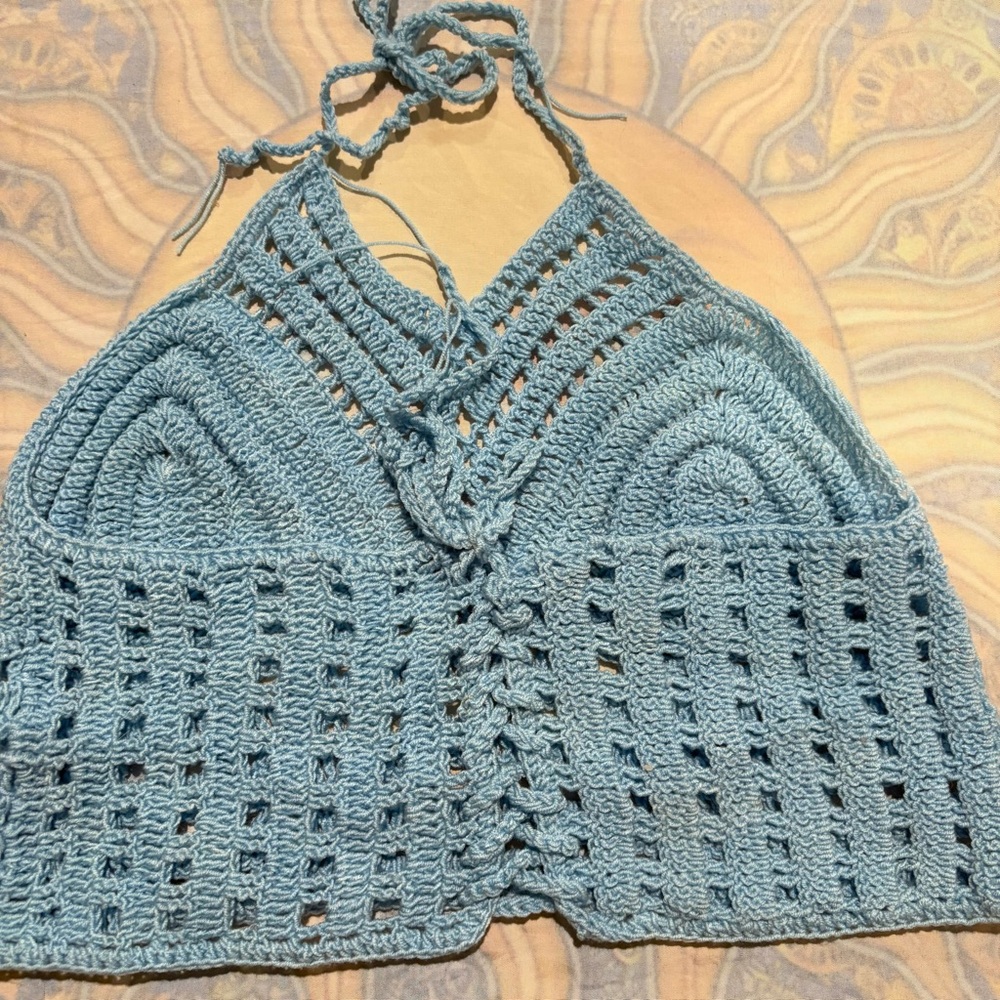 Blue Crochet Halter Crop Top